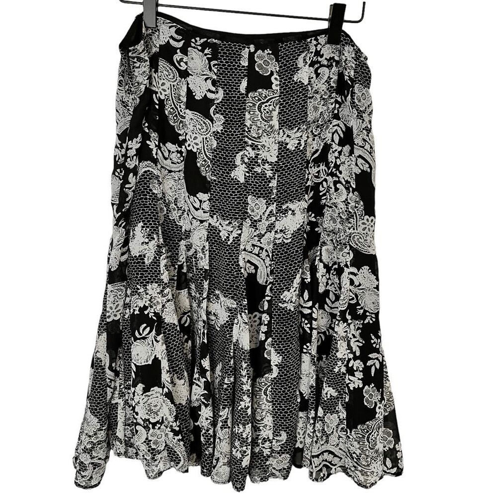 Nicole by Nicole Miller Skirt 8 Black White Lace Print Midi Flared Boho Chic